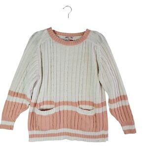 Vintage 90s Cable Knit Varsity Tennis Sweater Pink Cream Womens M Distressed